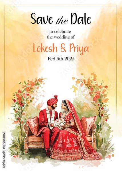 Obraz Modern Wedding Invitation Card Design with bride and groom
