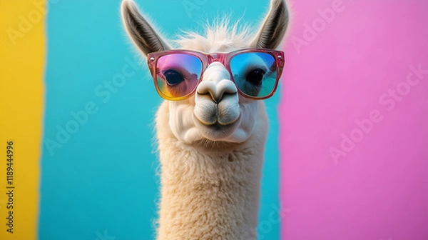 Fototapeta Llama wearing colorful sunglasses against a vibrant background enjoys a playful moment in a creative setting