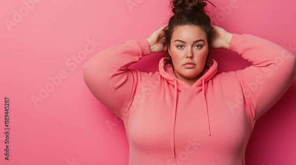 Fototapeta Model poses confidently in a vibrant pink hoodie against a matching backdrop showcasing body positivity and fashion