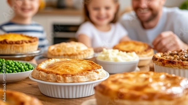 Fototapeta Happy Family Enjoying a Cozy Meal with Homemade Pies on British Pie Week 2