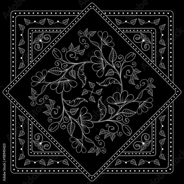 Fototapeta Black and white  bandana print with floral pattern. Square pattern design for pillow, carpet, rug. Design for silk neck scarf, kerchief, hanky