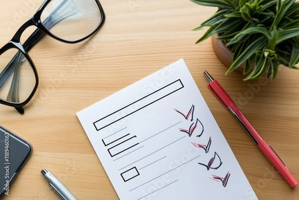 Fototapeta A partially filled out form sits on a wooden desk next to glasses, pens, and a potted plant