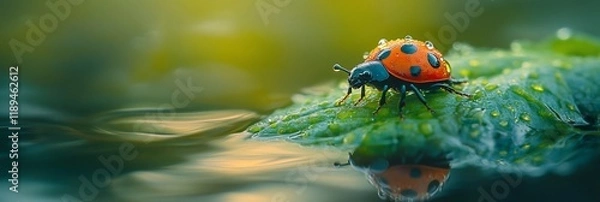 Fototapeta Ladybug on a dew-covered leaf near water.