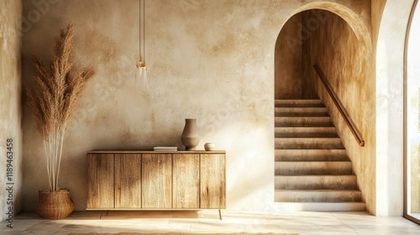 Fototapeta Rustic Wooden Console in a Sunlit Mediterranean Entryway