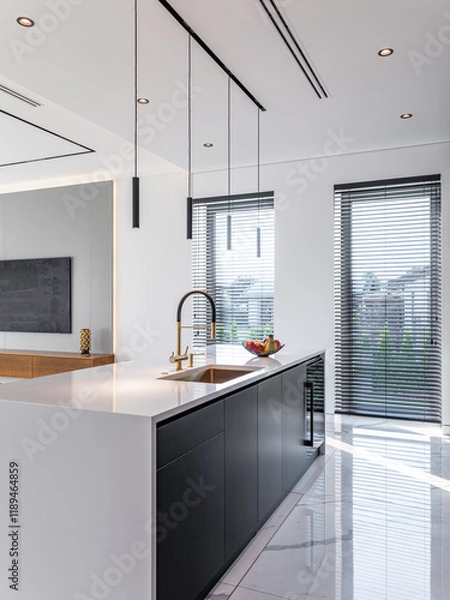 Fototapeta Interior of a private house, studio with kitchen.