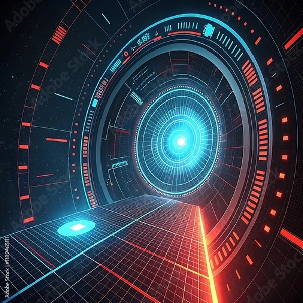 Fototapeta abstract digital tunnel with neon round line design 