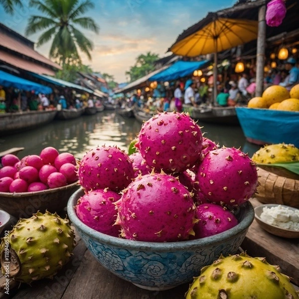Fototapeta Exotic dragon fruit and lychee ice cream in a colorful Vietnamese floating market scene.