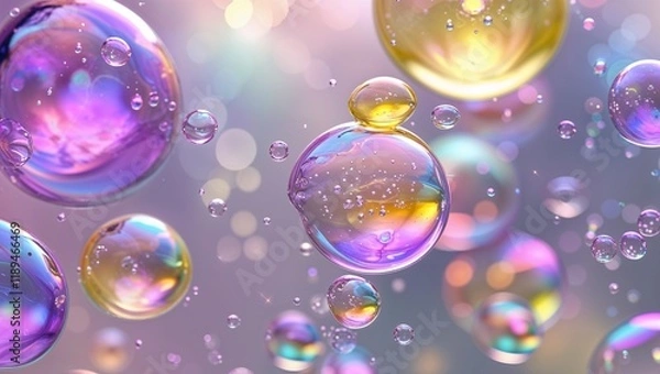 Fototapeta Purple and yellow soap bubbles in paint create an abstract design suitable for a colorful background.