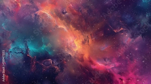 Fototapeta a surreal fantasy realm of abstract beauty and cosmic energy, with a blank space in the center for text, bold and dynamic colors against a celestial backdrop