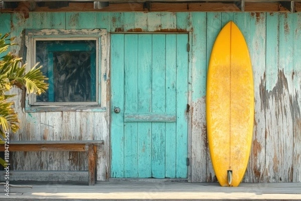 Fototapeta A surfboard leaning against a weathered beach shack.