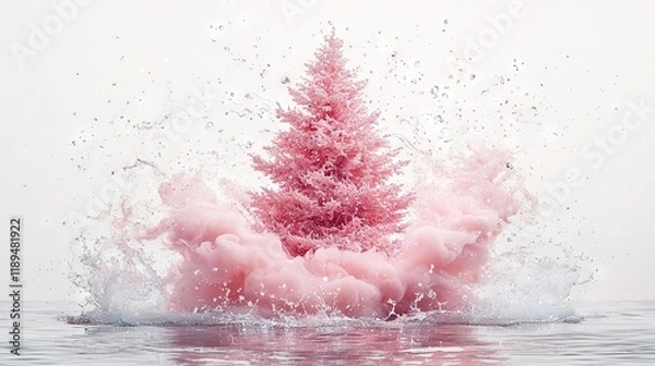 Fototapeta   A Christmas tree with red and green leaves floating in a pond with ripples below