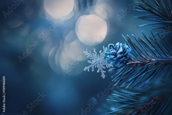 Fototapeta A snowflake and pine cone on a pine branch, set against a bokeh background