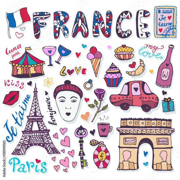 Fototapeta Doodles set of France - Eiffel tower, Triumphal arch and other culture elements. Vector collection