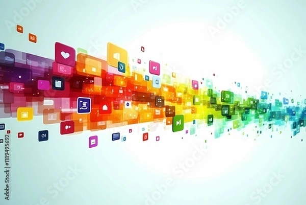 Fototapeta Vibrant digital marketing concept with colorful social media icons flowing in dynamic motion, bright gradient background, innovative technology, and creative network visualization