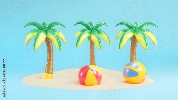 Fototapeta Three toy palm trees and beach balls on a miniature sandy island against a light blue background.