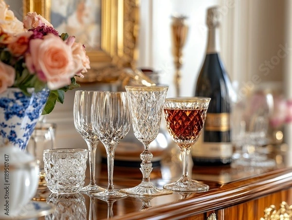 Fototapeta Elegant Crystal Glassware and Floral Arrangement on a Wooden Table in a Luxurious Setting for a Celebration
