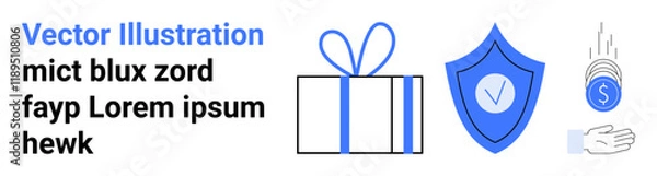 Fototapeta Gift box with bow, shield with check mark, coin stack with hand. Ideal for security, reward programs, online protection, financial savings, trust digital gifts ecommerce themes. Landing page