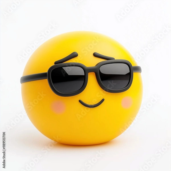 Fototapeta Confident yellow emoji wearing black sunglasses and a smirking expression, radiating charm and attitude, isolated on a white background