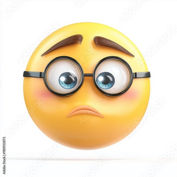Fototapeta Yellow emoji with glasses, raised eyebrows, and a sad expression, expressing worry and thoughtfulness, isolated on white