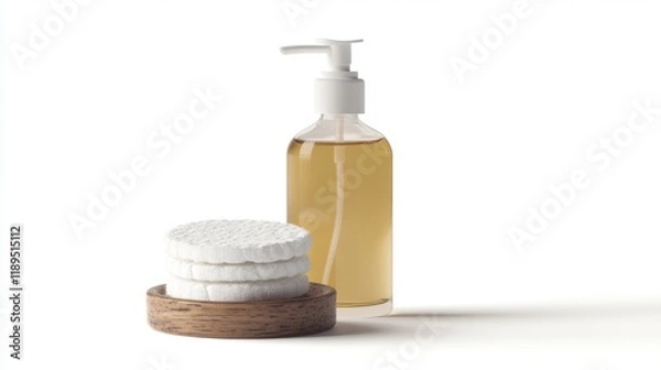 Fototapeta A sleek bottle of liquid soap sits beside soft, round cotton pads. This image combines beauty and functionality seamlessly. Perfect for wellness themes. Generative AI