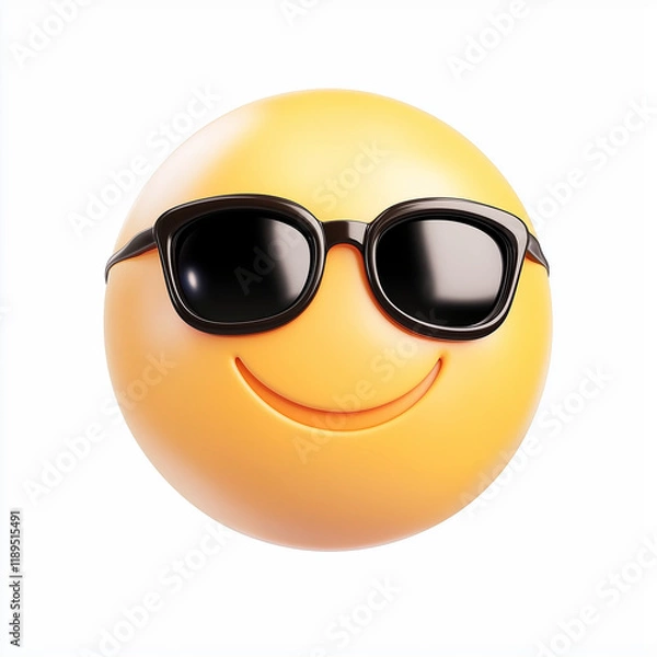Fototapeta Yellow emoji with sunglasses, a big confident smile, and a cool expression, radiating charm and positivity, isolated on a white background