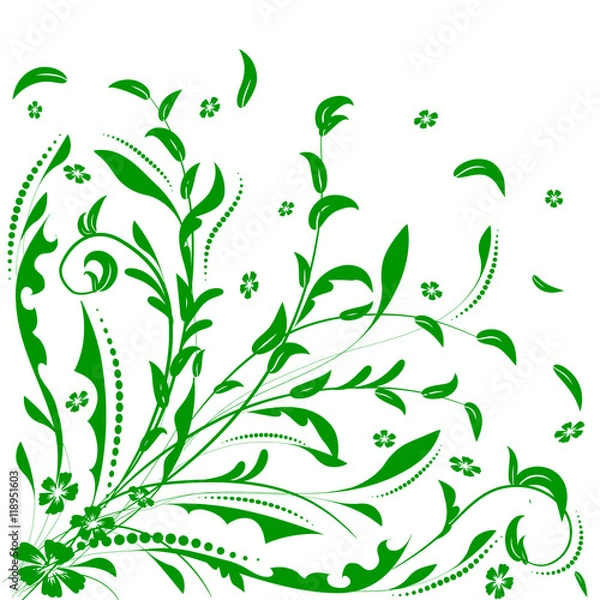 Obraz Floral design element with green swirling leaves, flowers. Can be used as a background, decor, decoupage, textile, invitation.