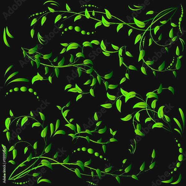 Obraz Green leaves with abstract swirls, leaves  on a black background. Can be used as a background, decor, decoupage, textile, invitation.