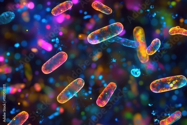 Fototapeta Viruses interacting with cells in a vibrant microscopic environment observed under high magnification. Generative AI