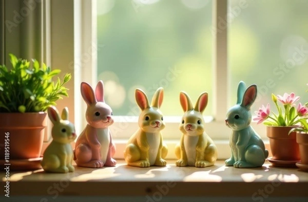 Obraz Ceramic Easter bunny, tulip flowers on windowsill. Decorations for Easter celebration at home. Soft focus.