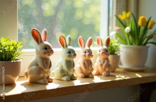 Obraz Ceramic Easter bunny, tulip flowers on windowsill. Decorations for Easter celebration at home. Soft focus.