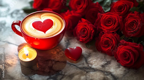 Obraz Romantic Latte with Red Roses and Candles on Marble
