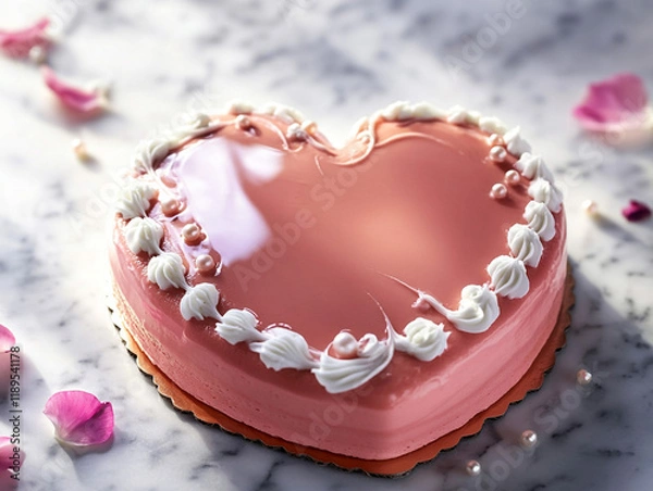Obraz Heart-shaped pink cake with white frosting and pearls, perfect for Valentine's Day.