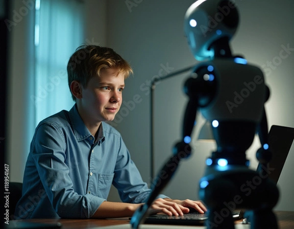 Obraz young programmer sitting at laptop with standing ai assistant robot. generative AI
