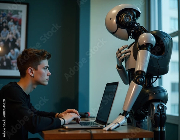 Obraz young programmer sitting at laptop with standing ai assistant robot. generative AI
