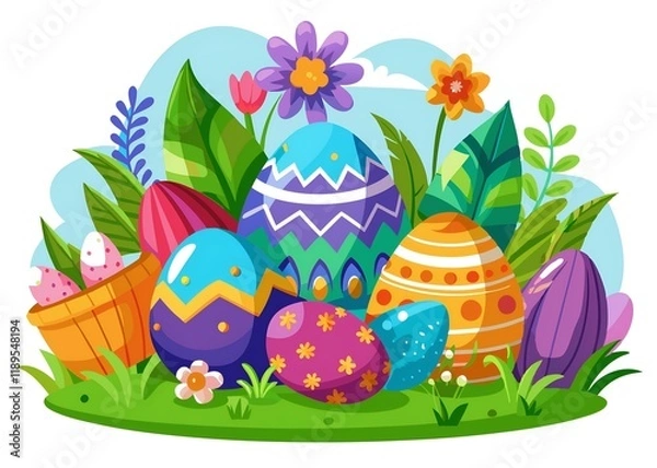 Fototapeta A colorful bunch of Easter eggs are scattered in a grassy field