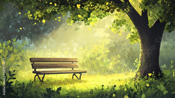 Fototapeta There is a tree with green leaves on it and a bench. Leafglow. Illustration