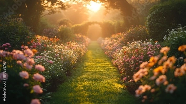 Fototapeta Colorful garden path illuminated by sunlight with blooming flowers in late afternoon