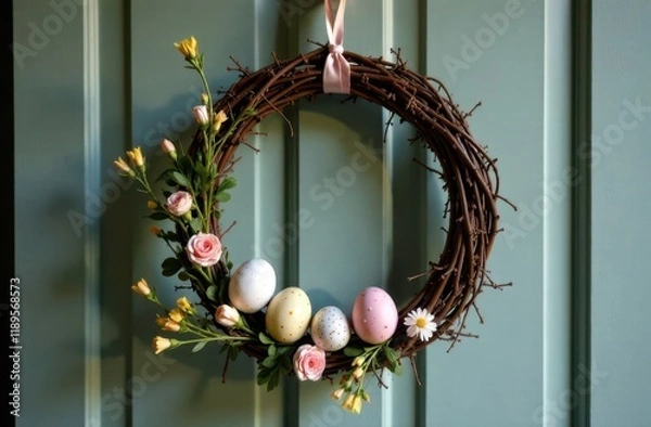 Obraz Wreath of branches on the blue background with colorful easter eggs and flowers. Home and interior Easter decoration.