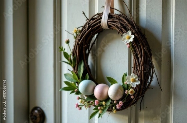 Obraz Wreath of branches on the door background with colorful easter eggs and flowers. Home and interior Easter decoration.
