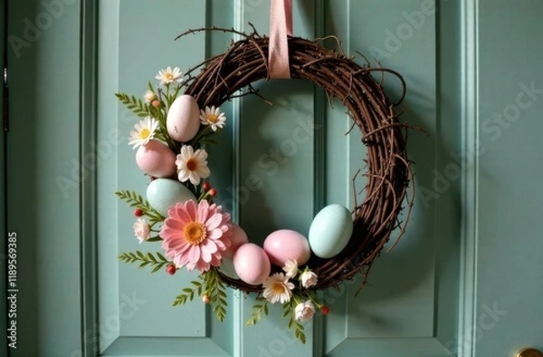 Obraz Wreath of branches on the blue background with colorful easter eggs and flowers. Home and interior Easter decoration.