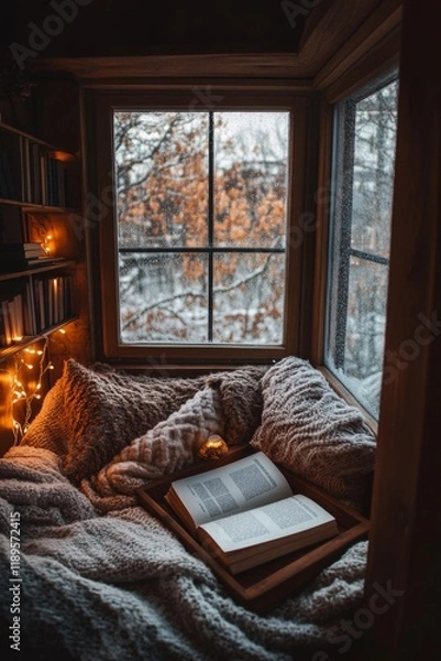 Fototapeta Cozy window seat with a book, blankets, and fairy lights, overlooking a snowy winter scene