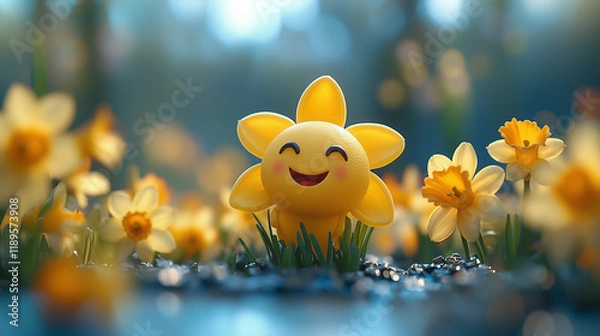 Fototapeta Spring Time Smiling Happy Daffodil 3D Character Easter Background