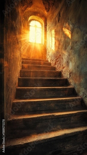Fototapeta Stairway leading to bright light in a dimly lit space at dusk