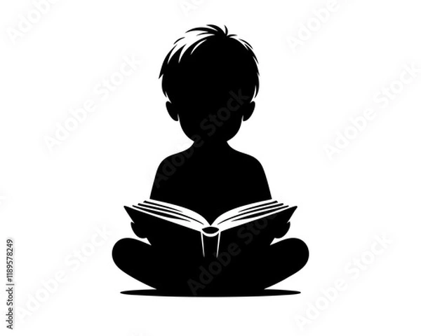 Fototapeta Child reading silhouette. Clipart image isolated on background.