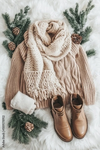 Fototapeta Flatlay of a beige knit sweater, scarf, boots, and hat surrounded by pine branches and pinecones on a fluffy white background