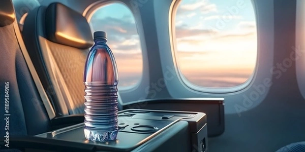 Fototapeta A water bottle on an airplane tray table near a window, highlighting the importance of staying hydrated while flying to avoid dehydration, Generative Ai