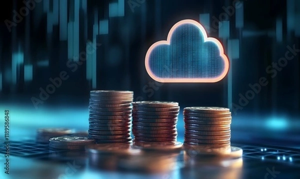 Obraz Stacks of coins with a cloud icon symbolize cloud financial planning, highlighting cost management and budgeting in cloud computing, Generative Ai