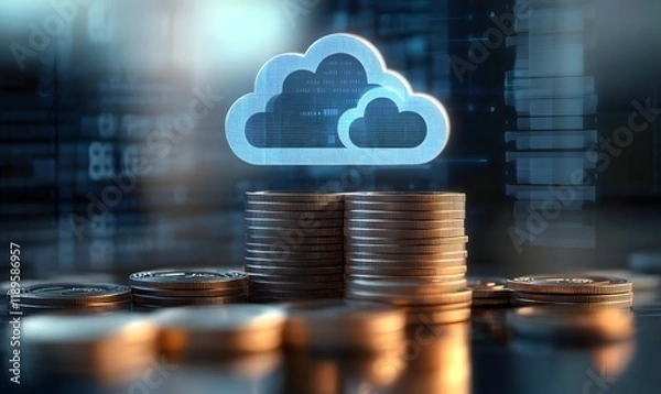 Obraz Stacks of coins with a cloud icon symbolize cloud financial planning, highlighting cost management and budgeting in cloud computing, Generative Ai