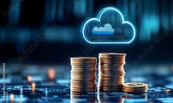 Obraz Stacks of coins with a cloud icon symbolize cloud financial planning, highlighting cost management and budgeting in cloud computing, Generative Ai