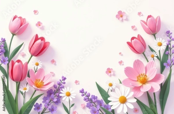 Obraz Frame made with beautiful spring tulips, daisies, lilac on pink background, top view. Space for text